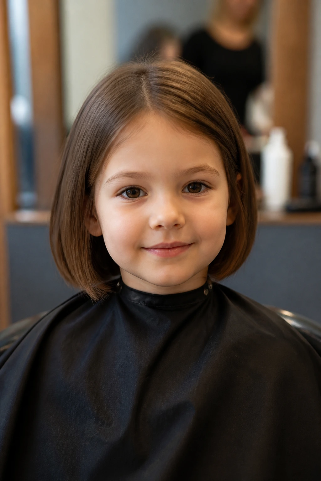 Child in salon cape ready for first snip with calm expression