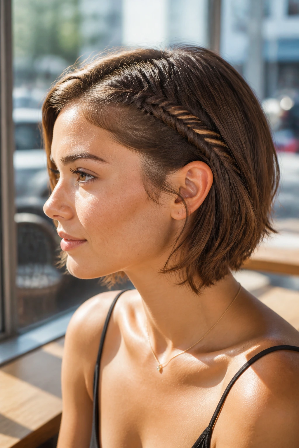 Profile portrait of a real woman with fishtail accent braid starting at the temple