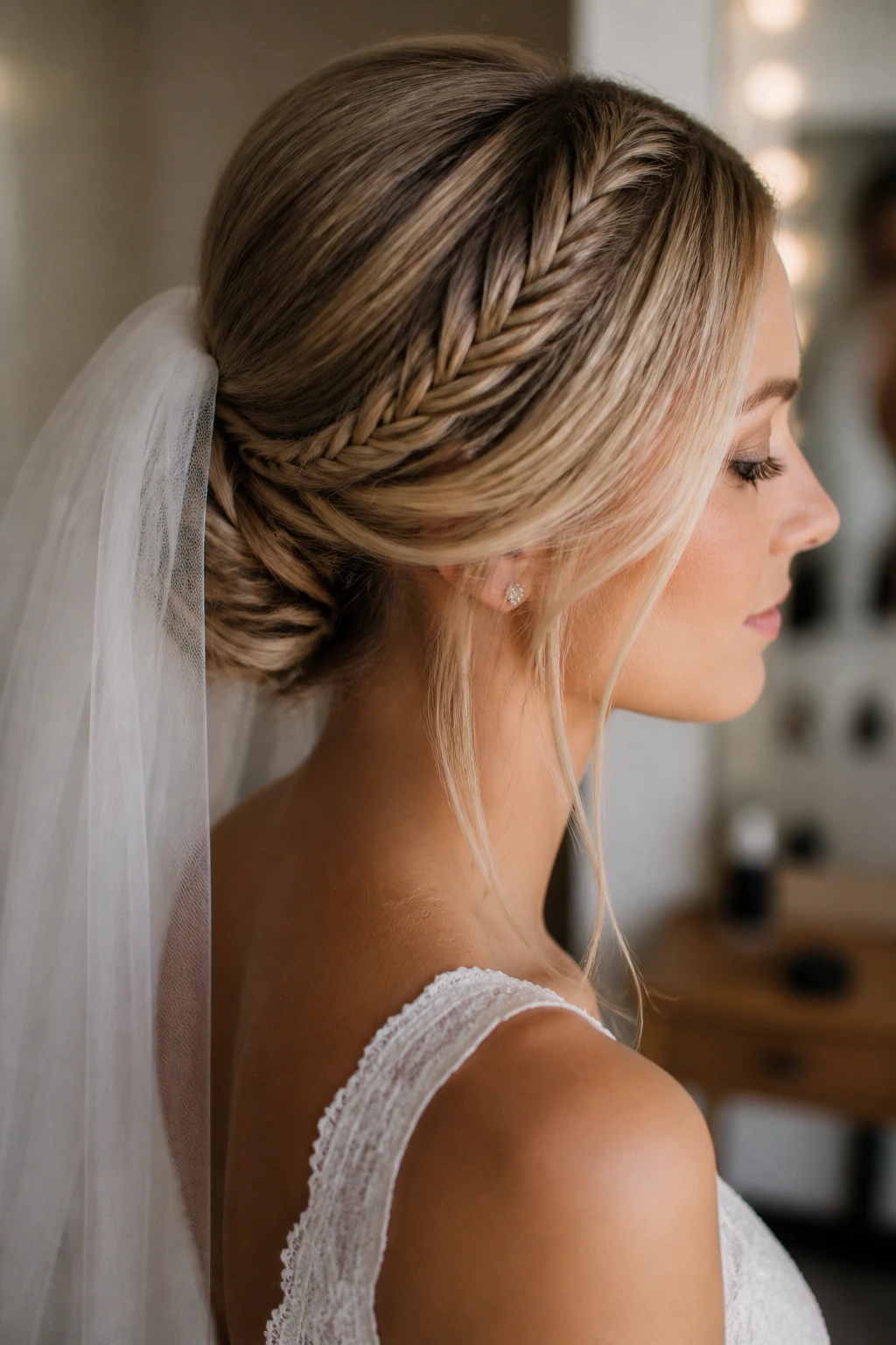 Fishtail accent braid with veil on a real bride in a bridal suite