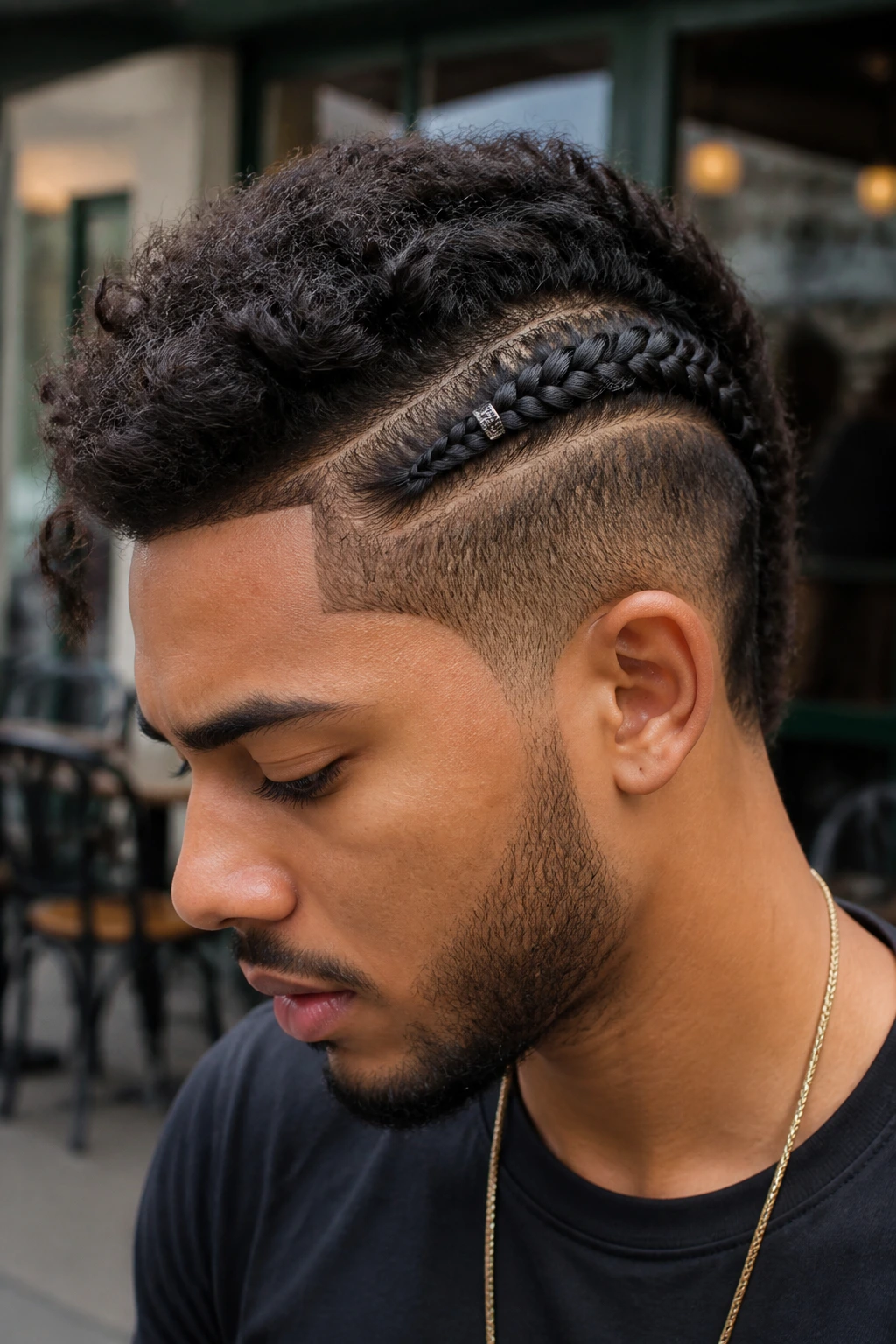 Close-up of a real man with a fishtail accent braid on the side