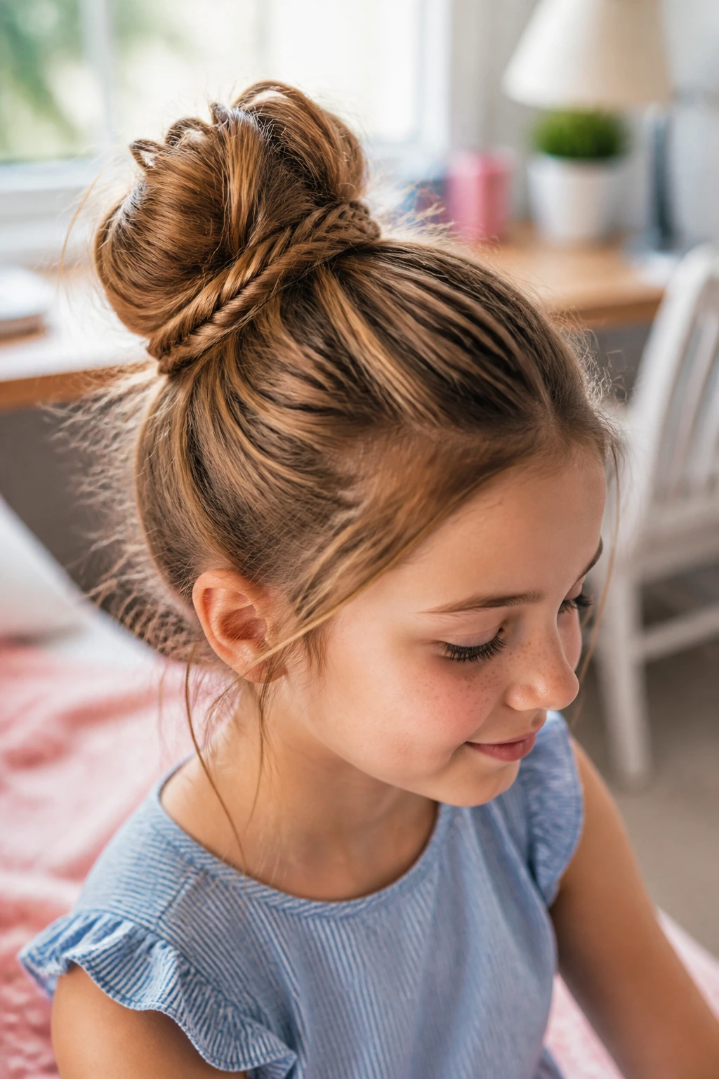 Close-up of a real girl with fishtail accent braid wrapped into a bun