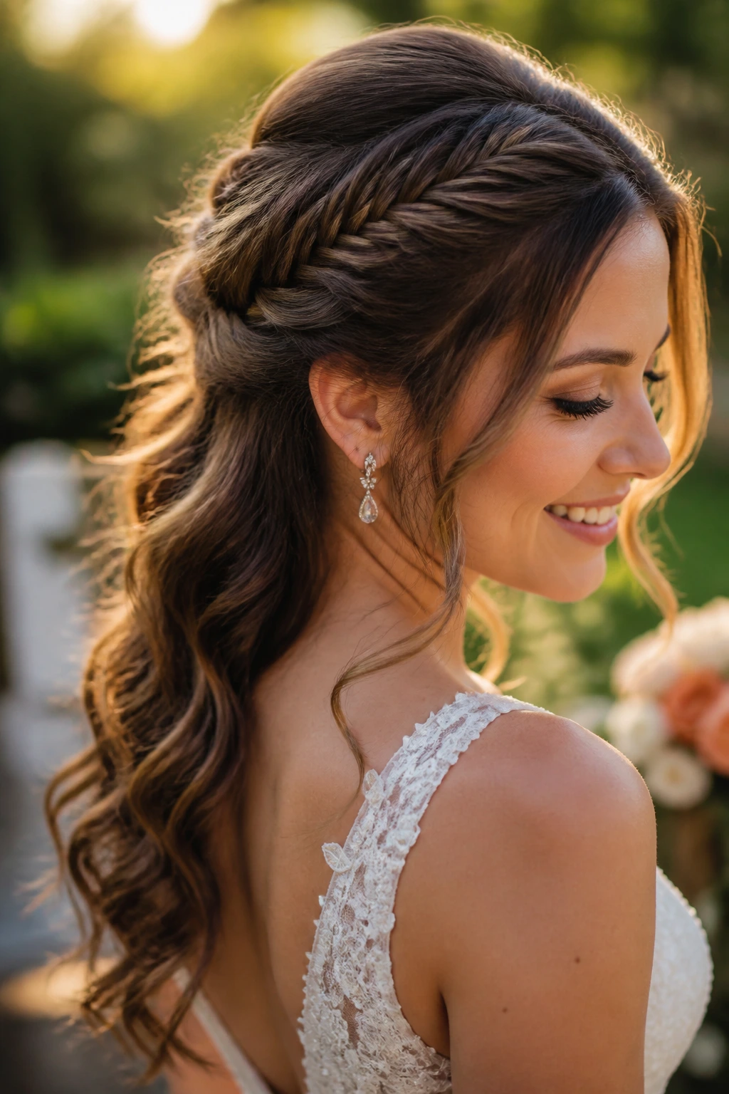 Bridal hairstyle featuring a fishtail accent braid with loose curls in garden setting