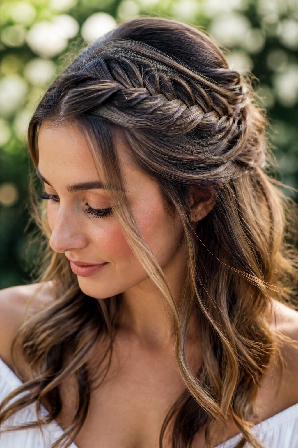 Close-up of a real woman with a fishtail accent braid in a half-up style