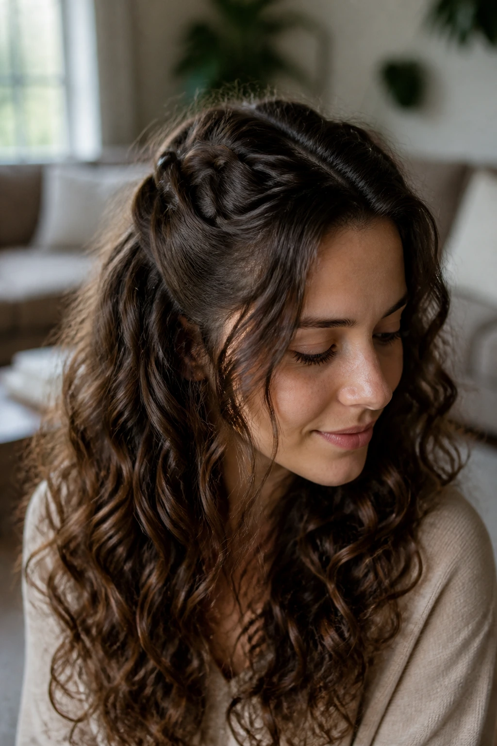 Close-up of a real woman with a small fishtail accent half-up on curly hair in natural daylight
