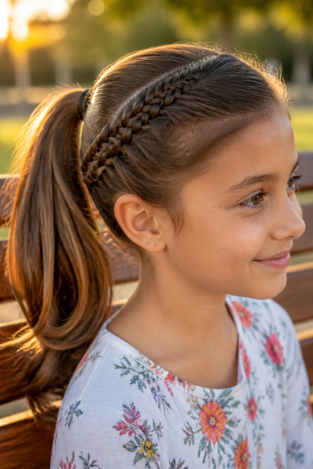 Close-up of real girl with Fishtail Accent Ponytail featuring a small front fishtail braid