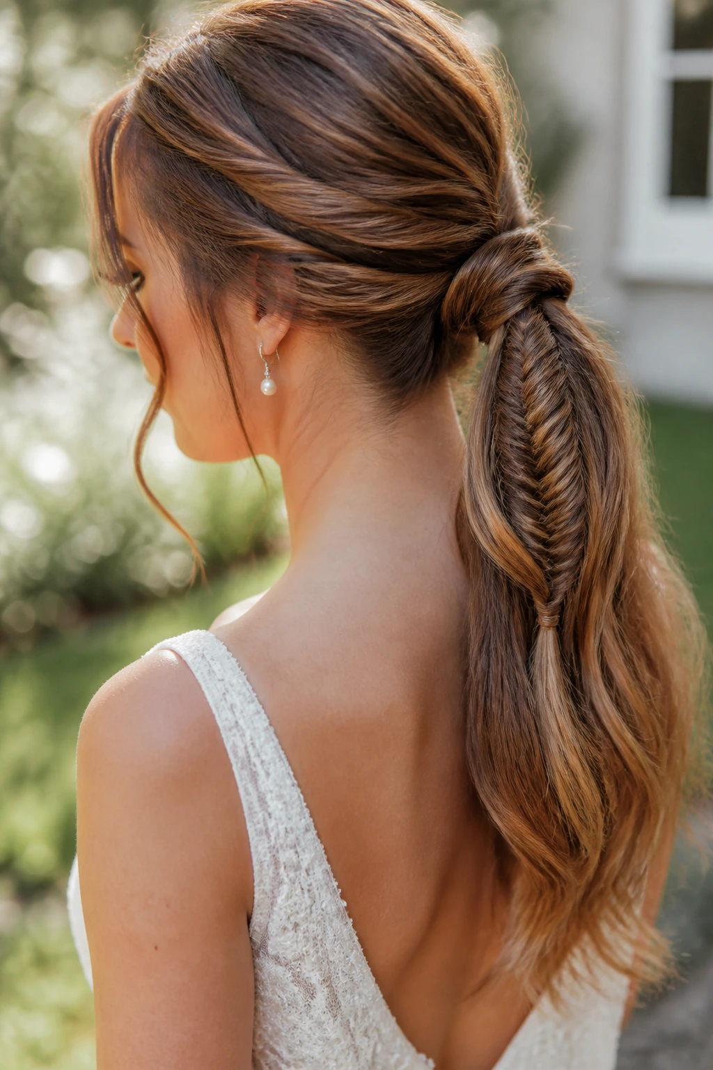 Bride with fishtail accent ponytail in simple wedding backdrop