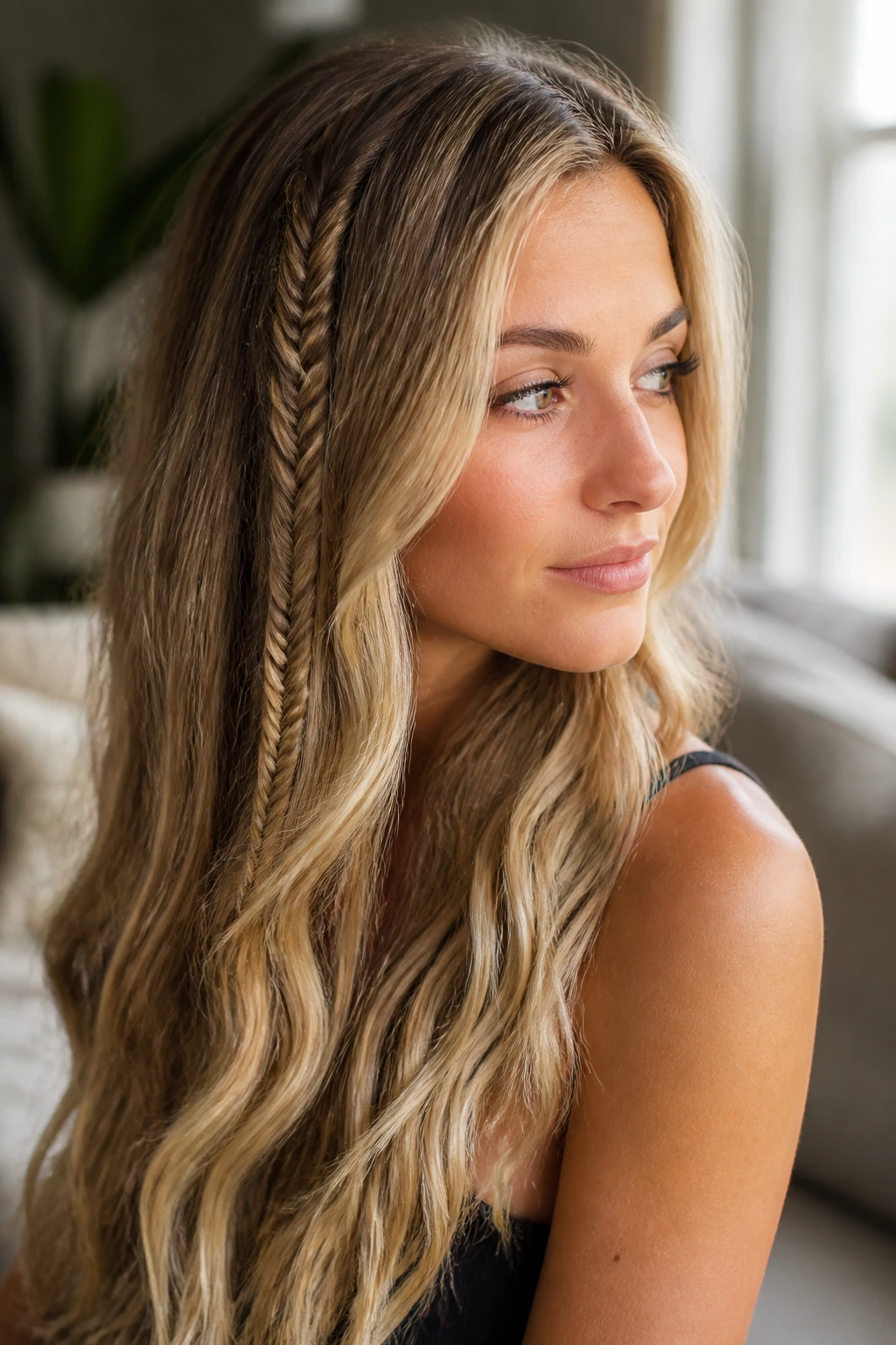 Close-up of a real woman with a fishtail accent braid amid long waves in warm window light
