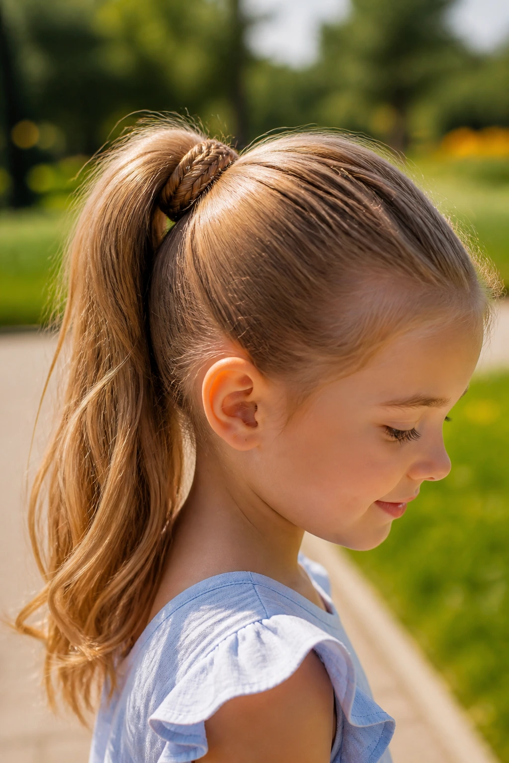 Close-up of child with fishtail-base pony featuring a small braid at the base