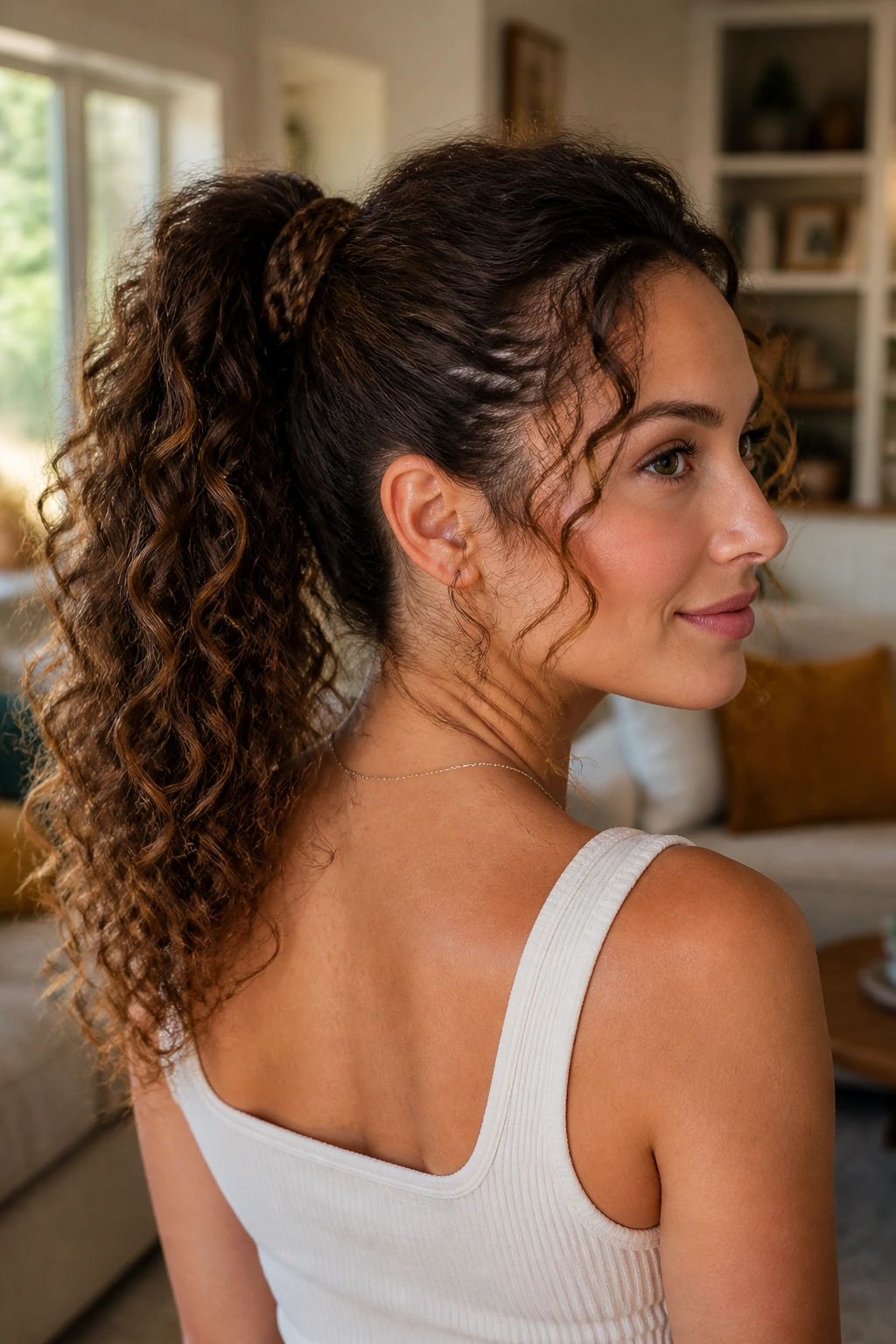 Close-up of a real woman with a fishtail-bound ponytail showing braided detail around the base