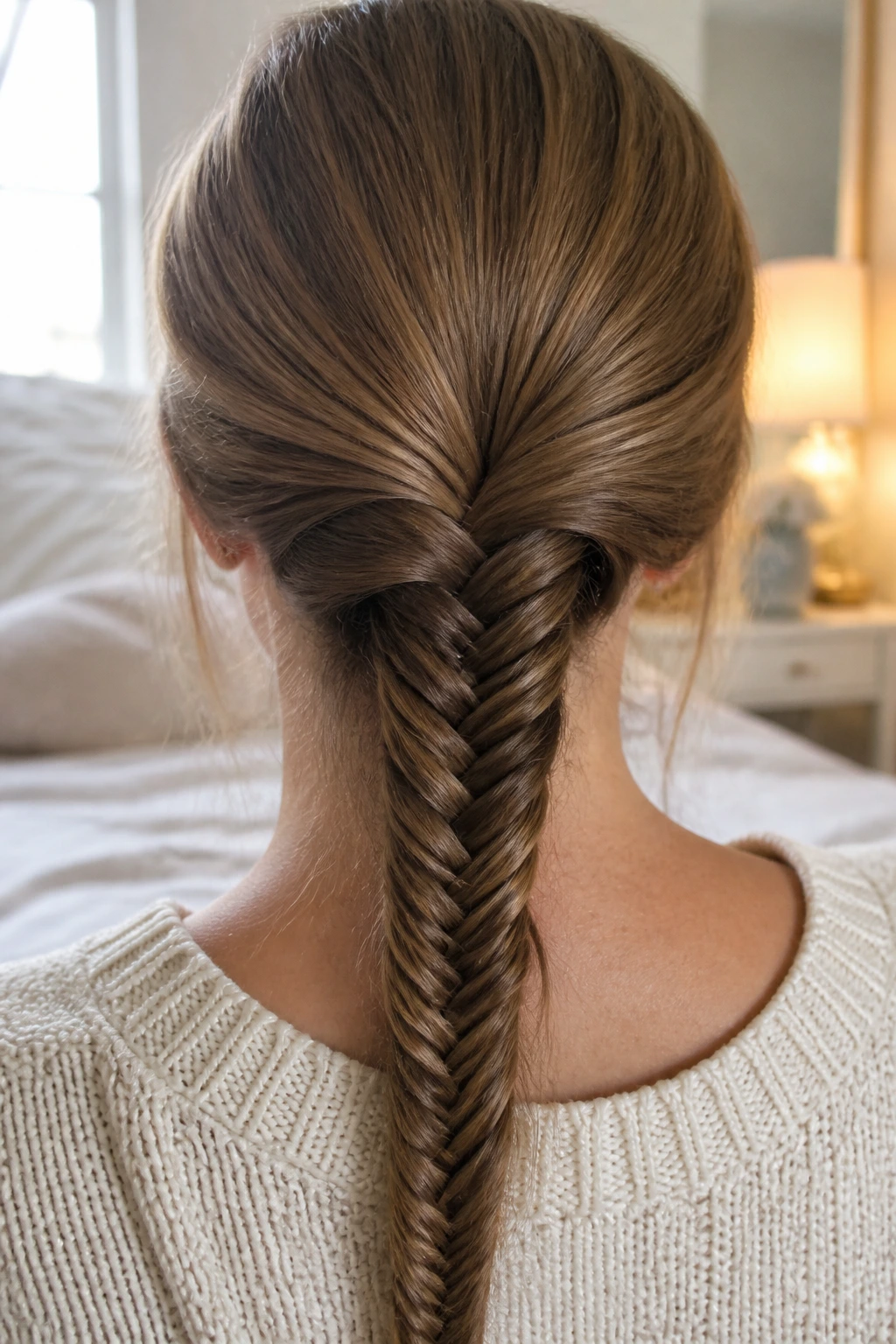 Close-up back of real person's head with a neat two-section fishtail braid