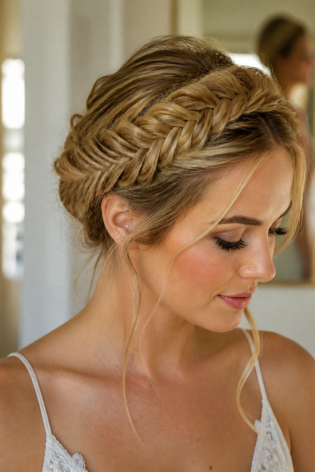 Close-up of a real woman wearing a textured fishtail crown braid around her head, softly lit bridal setting