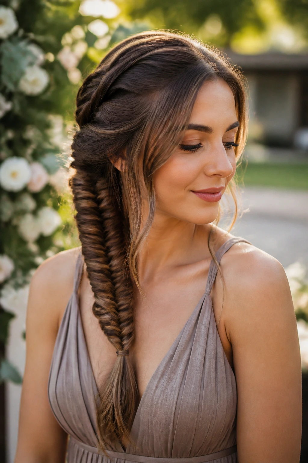 Fishtail braid hairstyle on real person outdoors