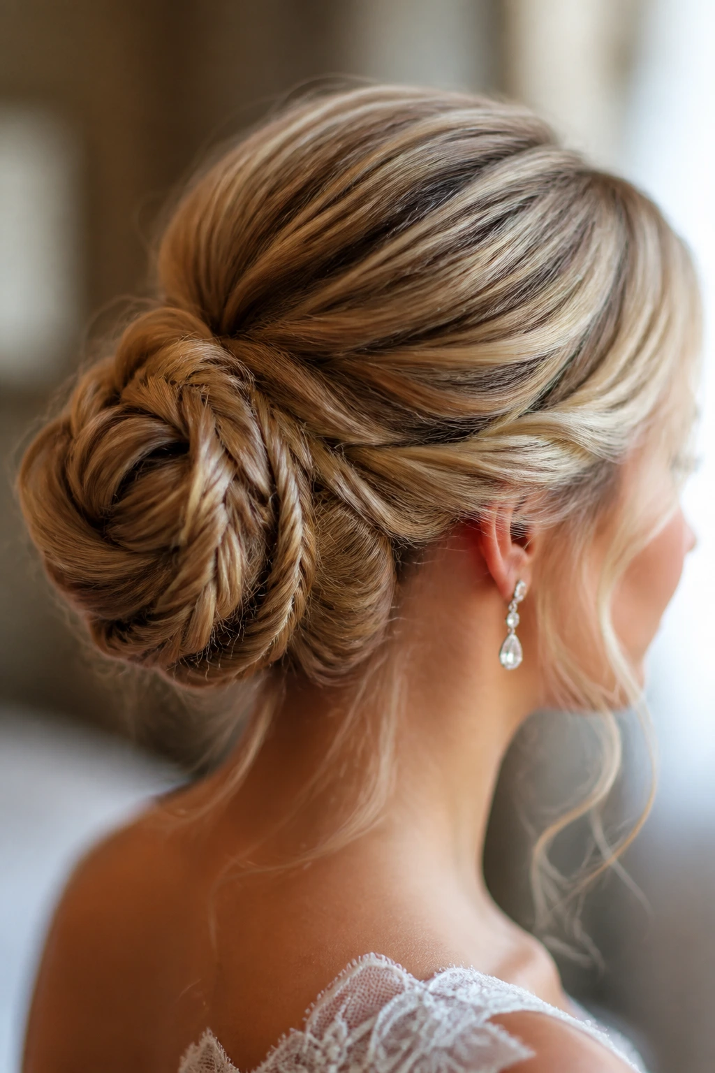 Real bride close-up with fishtail-wrapped bun showing braided detail