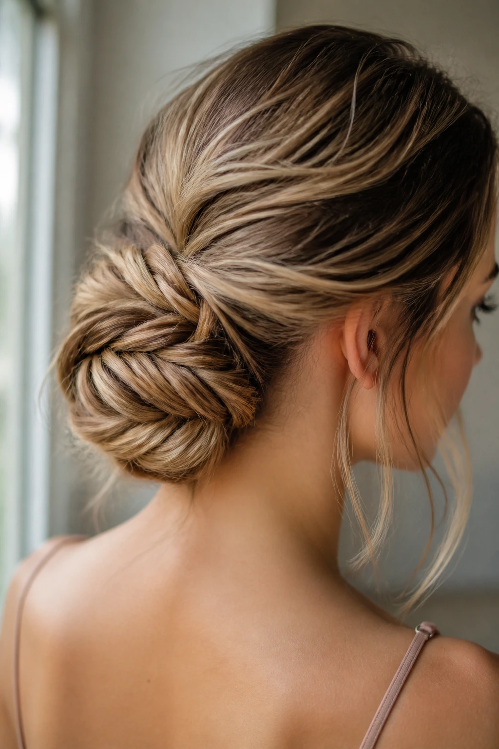 Fishtail braid wrapped into a bun on real hair