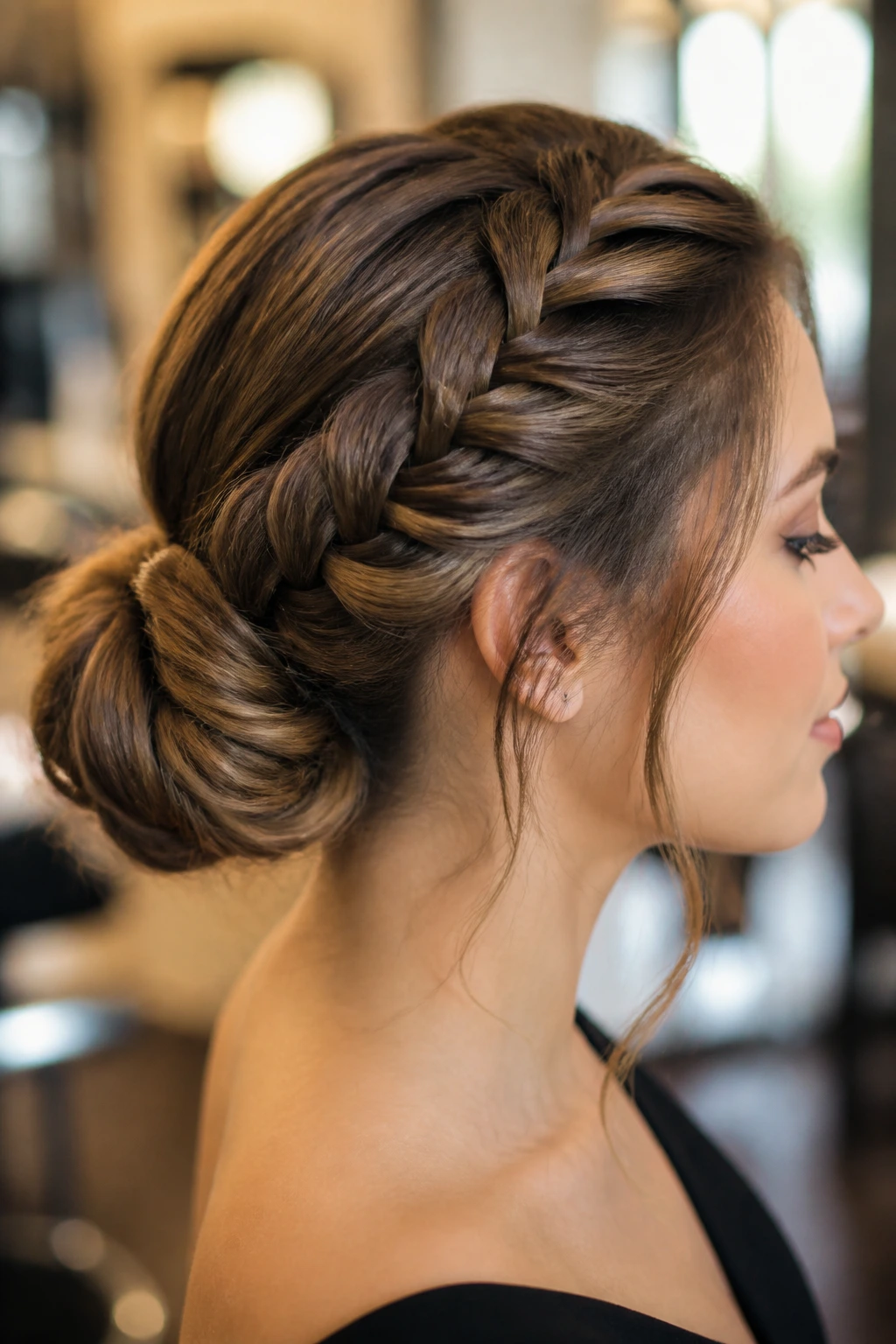 Side portrait of a woman with a fishtail braid wrapped into a bun at the back