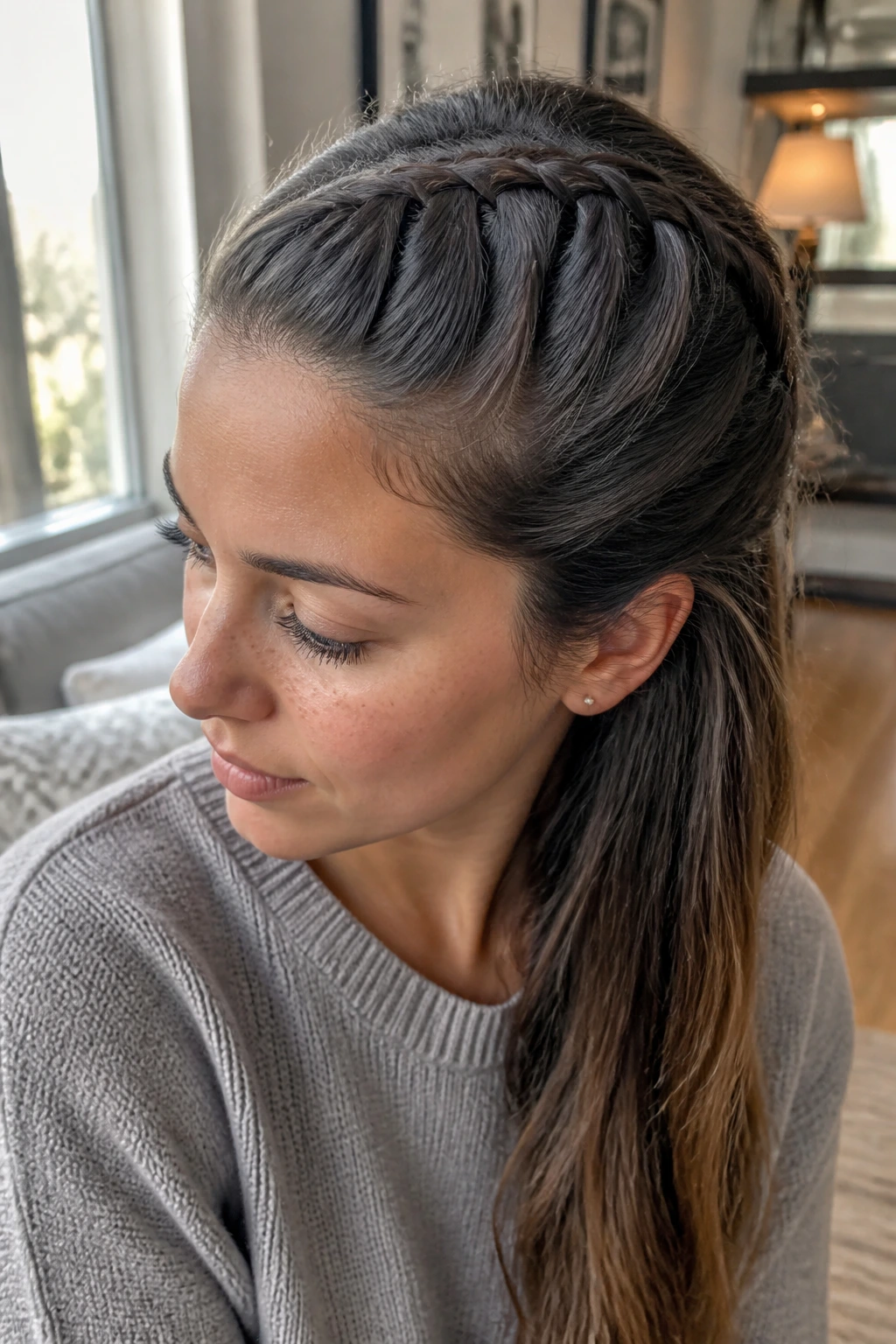 Real woman with a calm fishtail braid in soft daylight