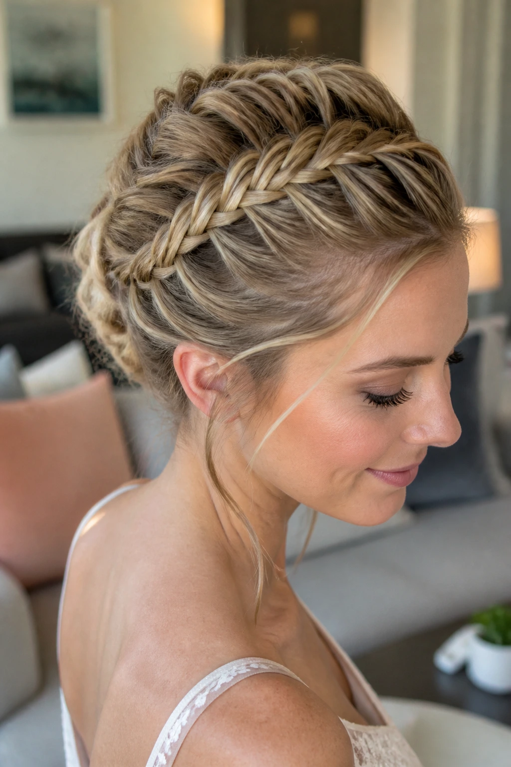 Close-up of a real person with an inverted crown fishtail arching across the back of the head.
