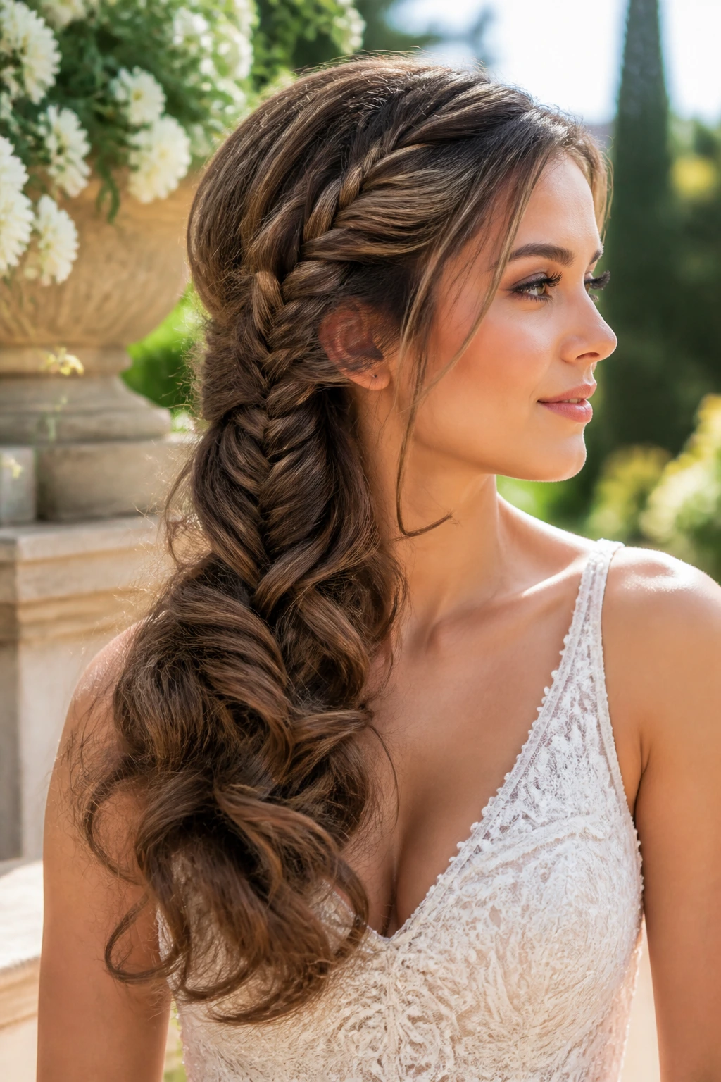 Bride with fishtail braid transitioning into curls in a sunlit garden