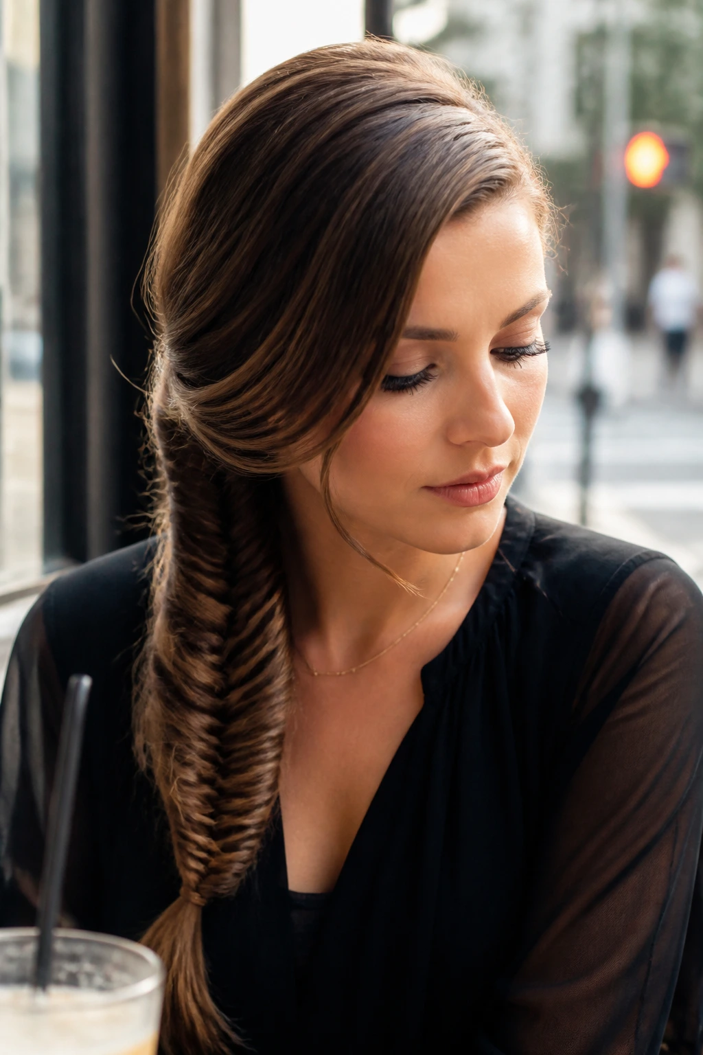 Close-up of a real person with a deep-part fishtail on the heavy side and tucked sleek side.