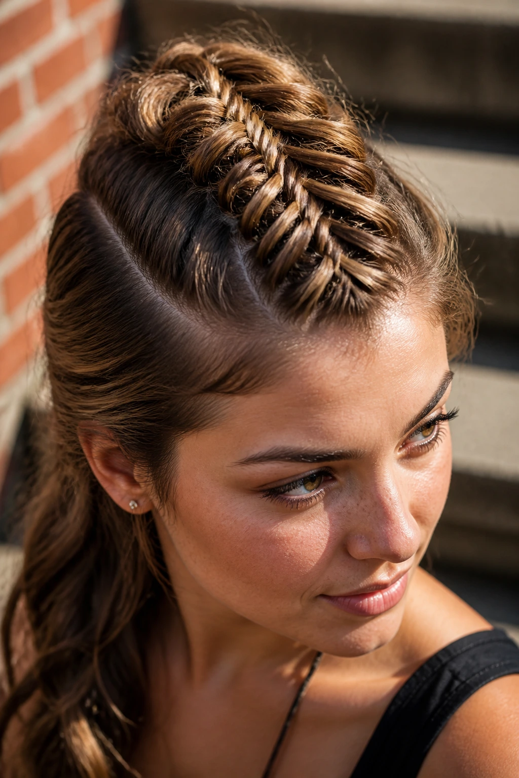 Close-up of a real person with a Dutch-style fishtail lifted off the scalp showing texture.
