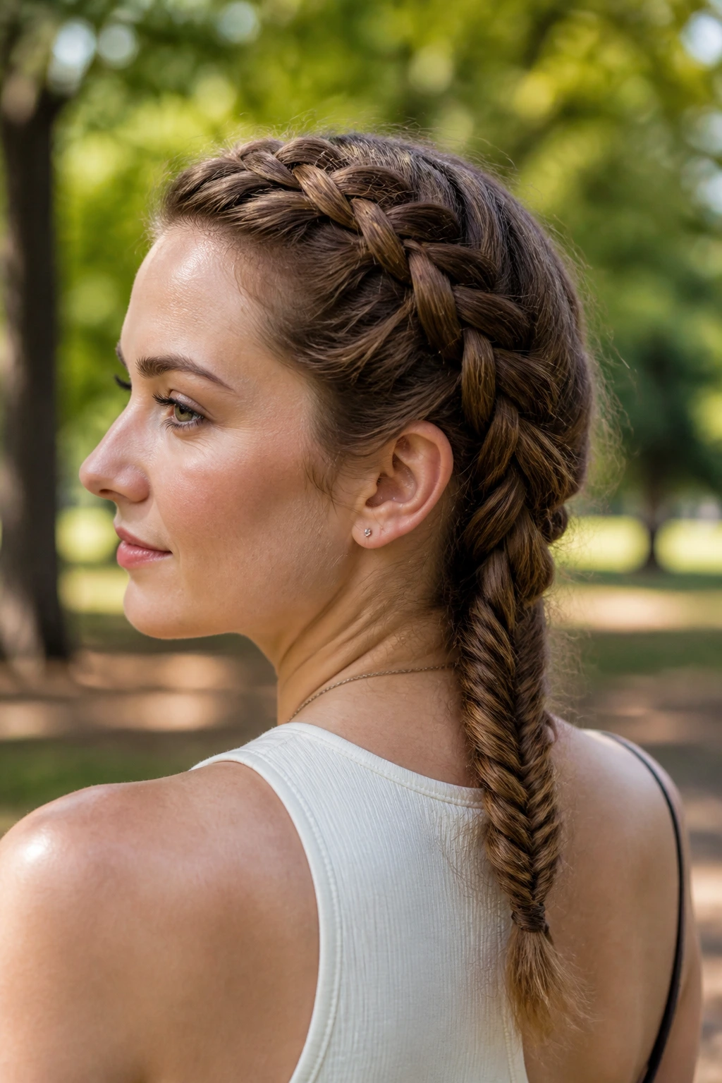 Close-up of fishtail-ended French braid on real woman