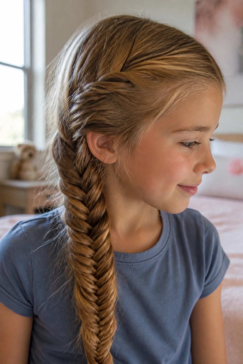 Close-up of a real girl with a fishtail side braid in warm bedroom light