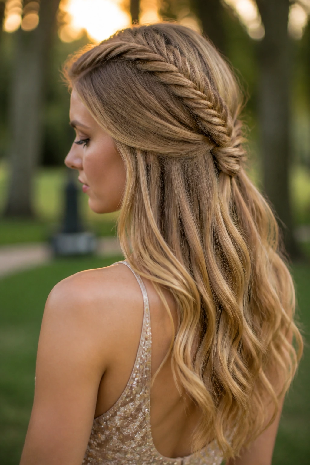 Three-quarter portrait of fishtail half-up braid hairstyle