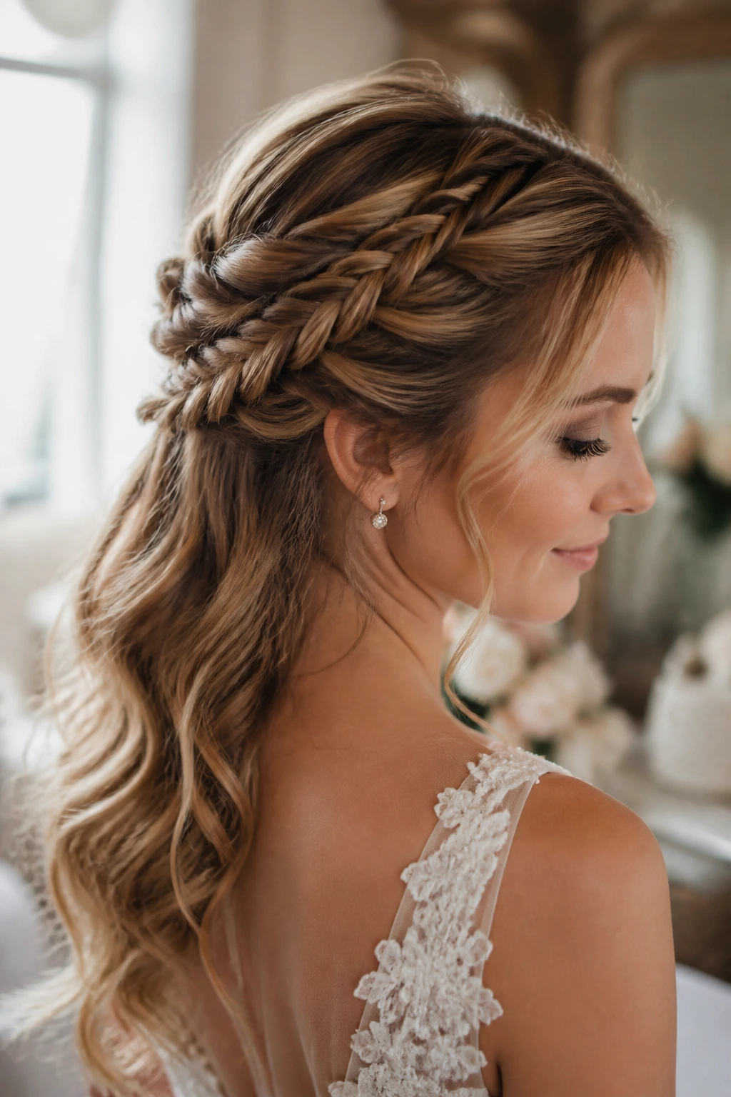 Half-up fishtail braid styled for a wedding mood on a real person