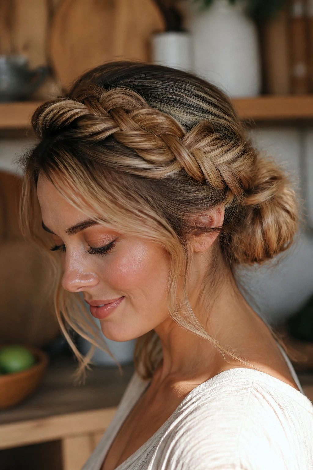 Close-up portrait of a real woman wearing a fishtail halo braid and loose low bun.