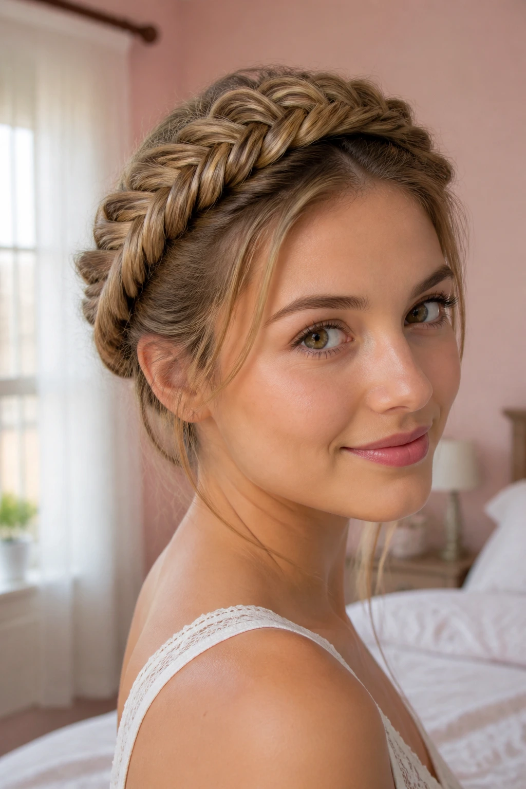 Close-up of a real woman with a halo fishtail braid in soft bedroom light
