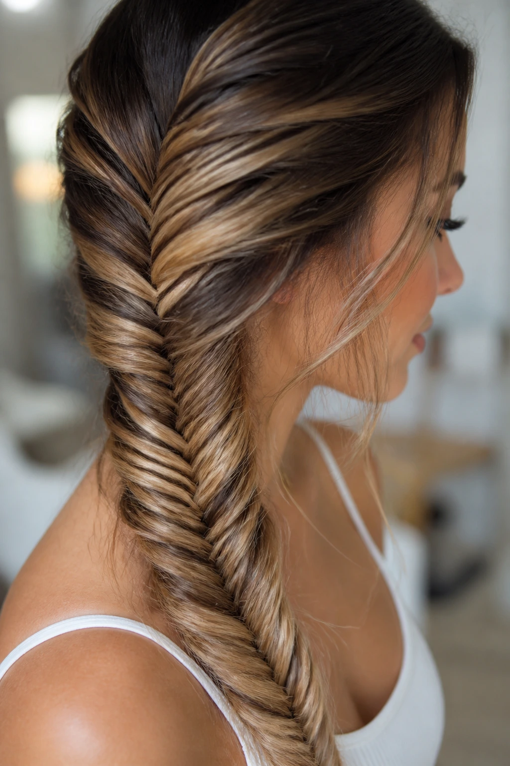 Close-up of a fishtail braid with highlighted color shifts in a real person's hair.