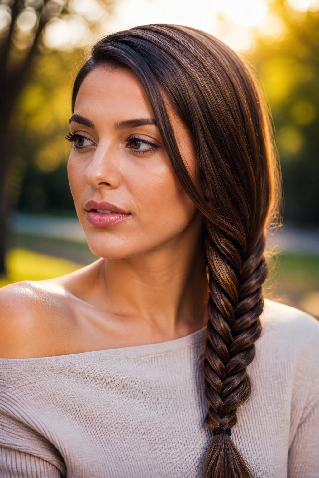 Real woman with fishtail side braid in golden hour park light