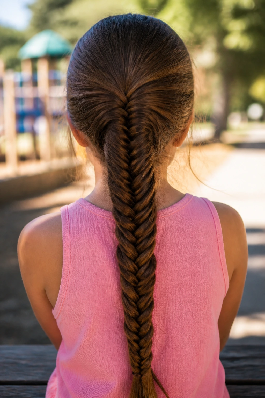 Back-of-head view of a real girl with a long fishtail braid