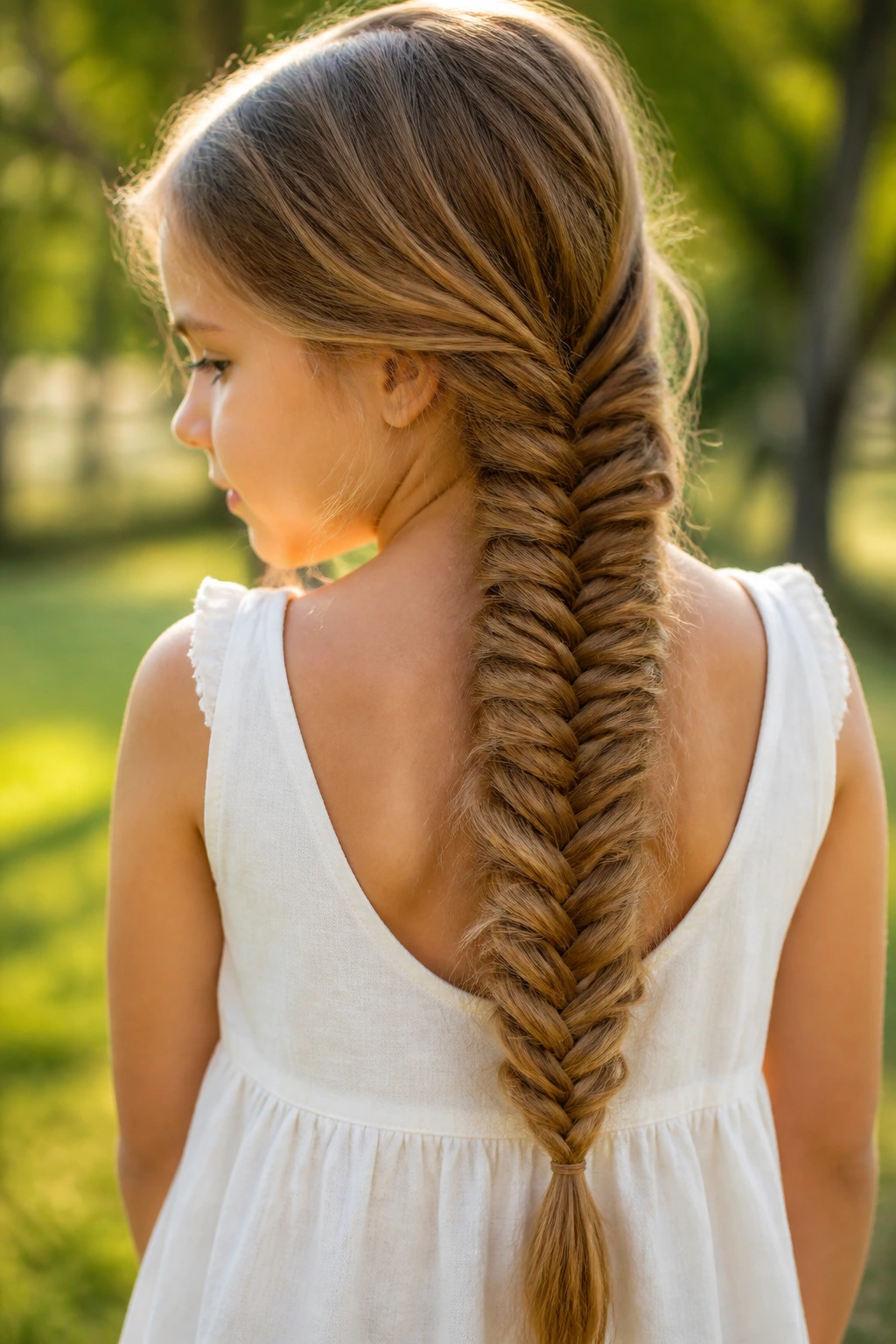 Portrait of a girl showing a detailed fishtail braid in natural light outdoors