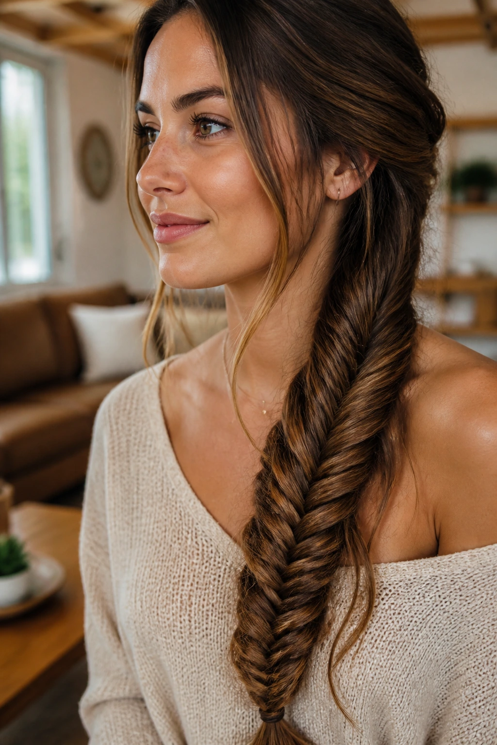 Close-up of a real woman with a long fishtail braid over her shoulder in warm window light
