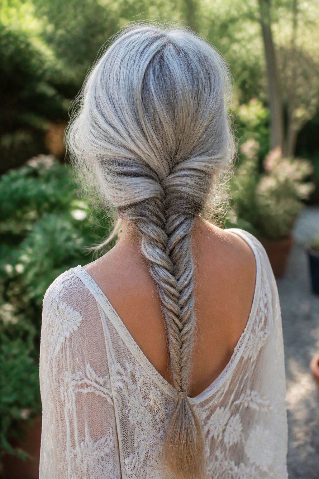 Back view of long silver hair in a loose boho fishtail braid down the back