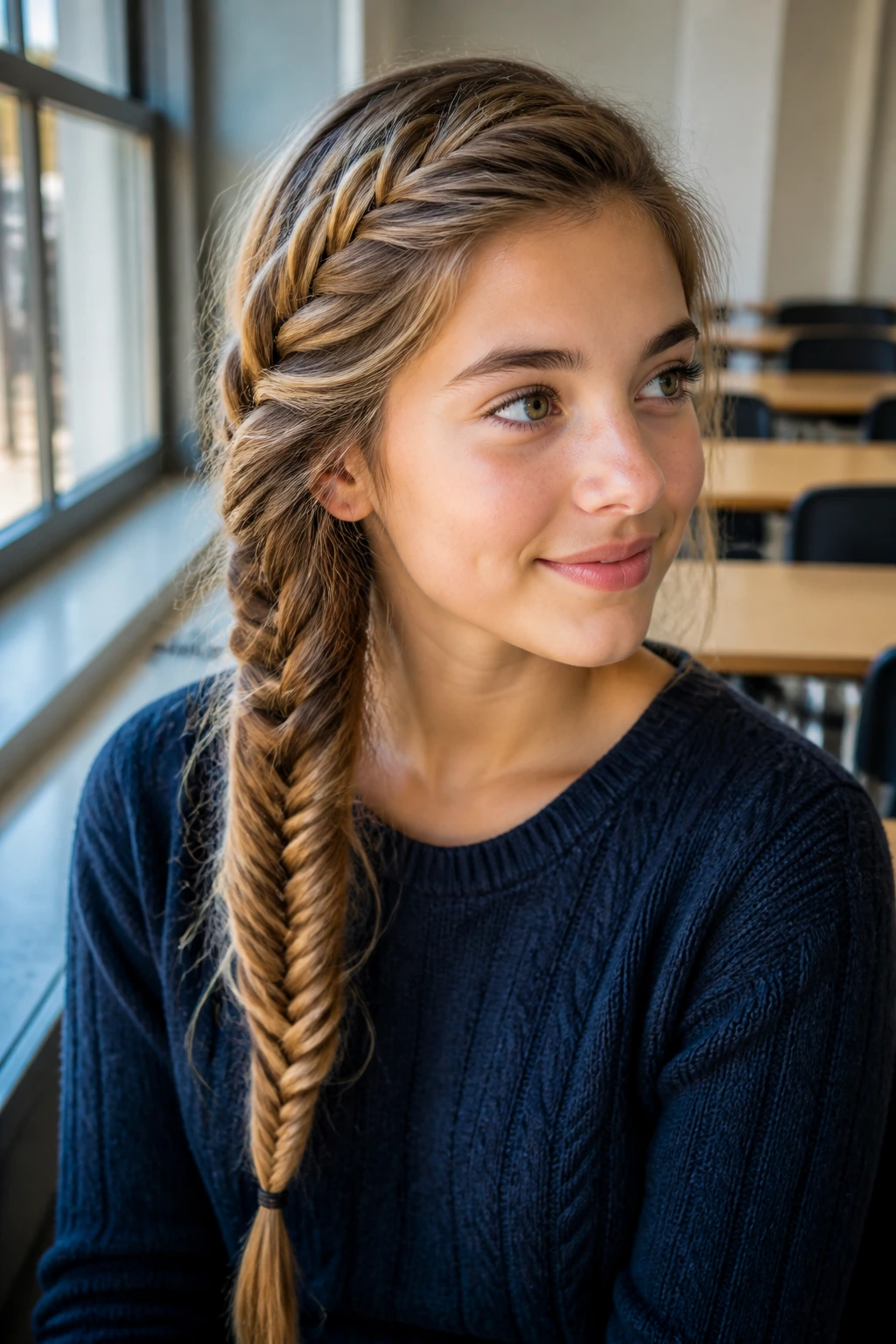 Portrait of a teen with a long side fishtail braid