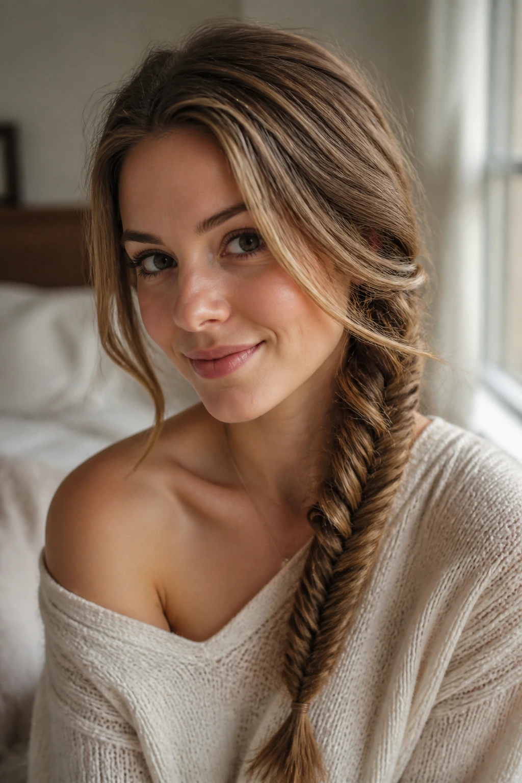 Close-up of a real woman with a side fishtail braid over one shoulder in warm window light