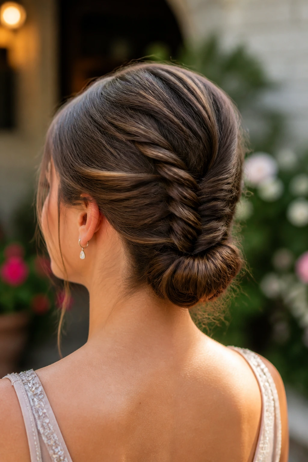 Close-up of a real woman with a fishtail braid into a low bun