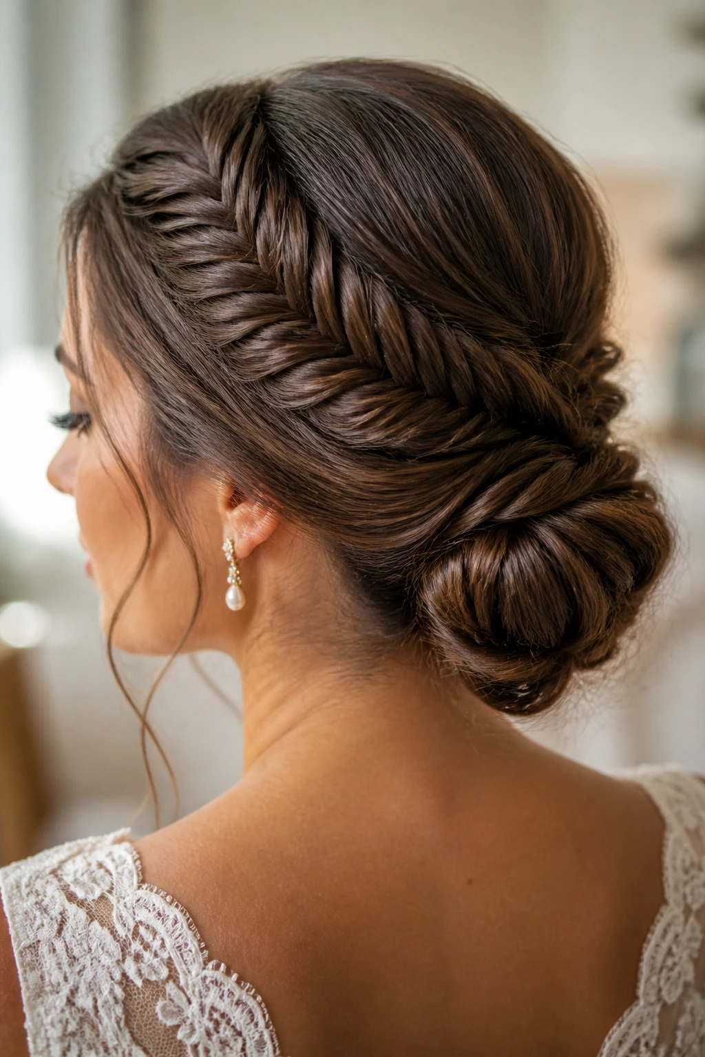 Close-up of a real bride with a fishtail braid leading into a low bun