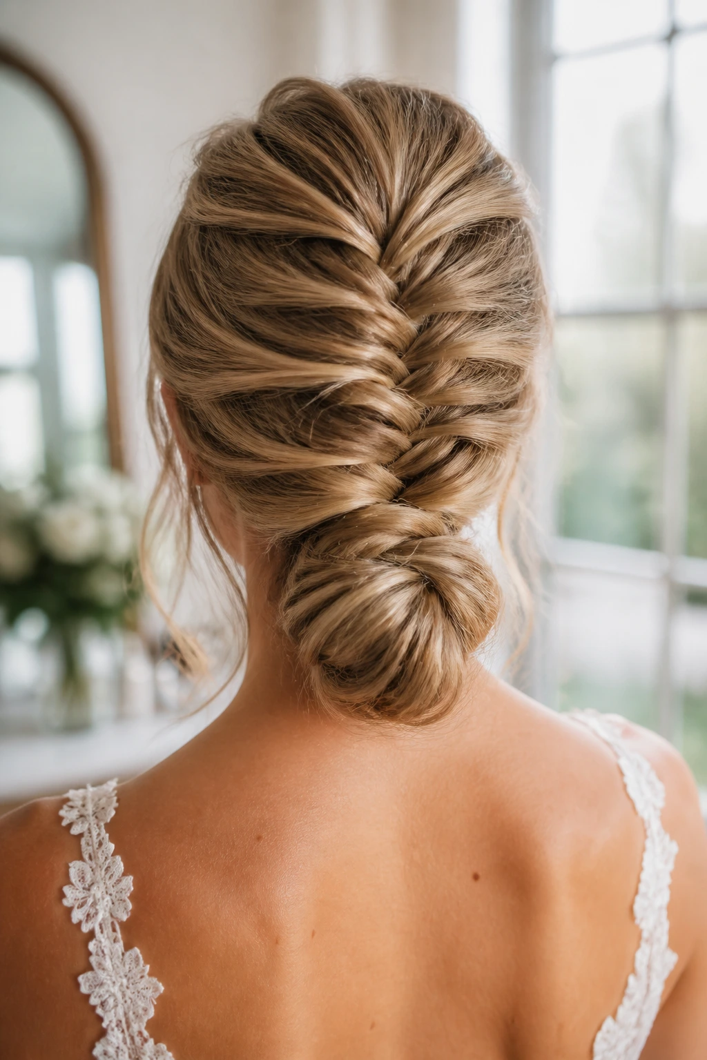 Back view of bride with fishtail braid leading to low knot