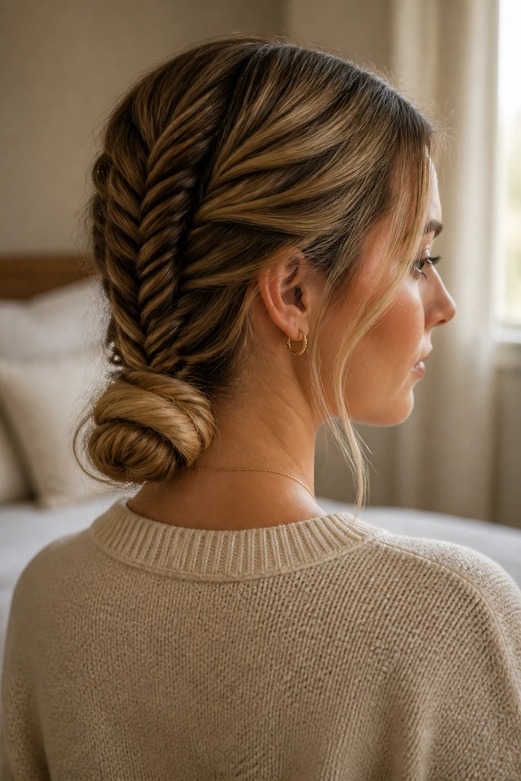Close-up of a real woman with a fishtail into low knot at the nape in warm window light.