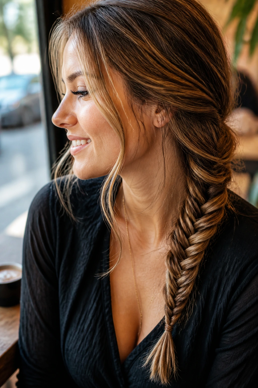 Real person with side fishtail braid and loose face-framing pieces