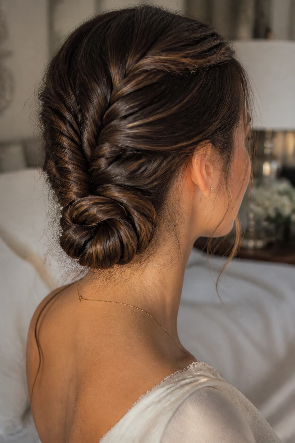 Close-up of a real woman with a fishtail braid coiled into a low bun at the nape