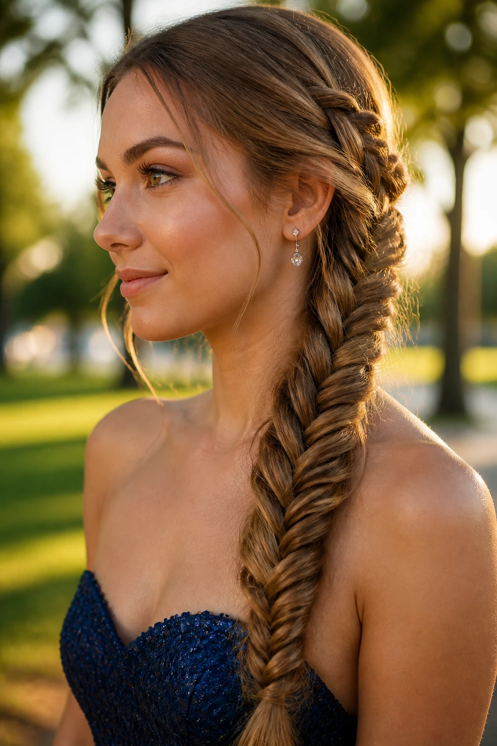 Close-up of a real woman with a fishtail braid over one shoulder