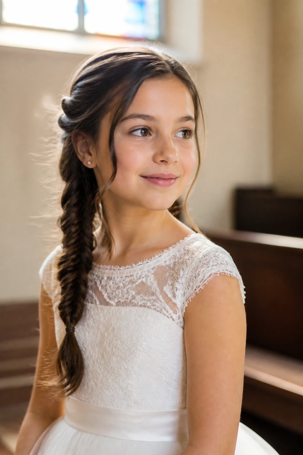 Three-quarter view of a girl with a fishtail braid over one shoulder