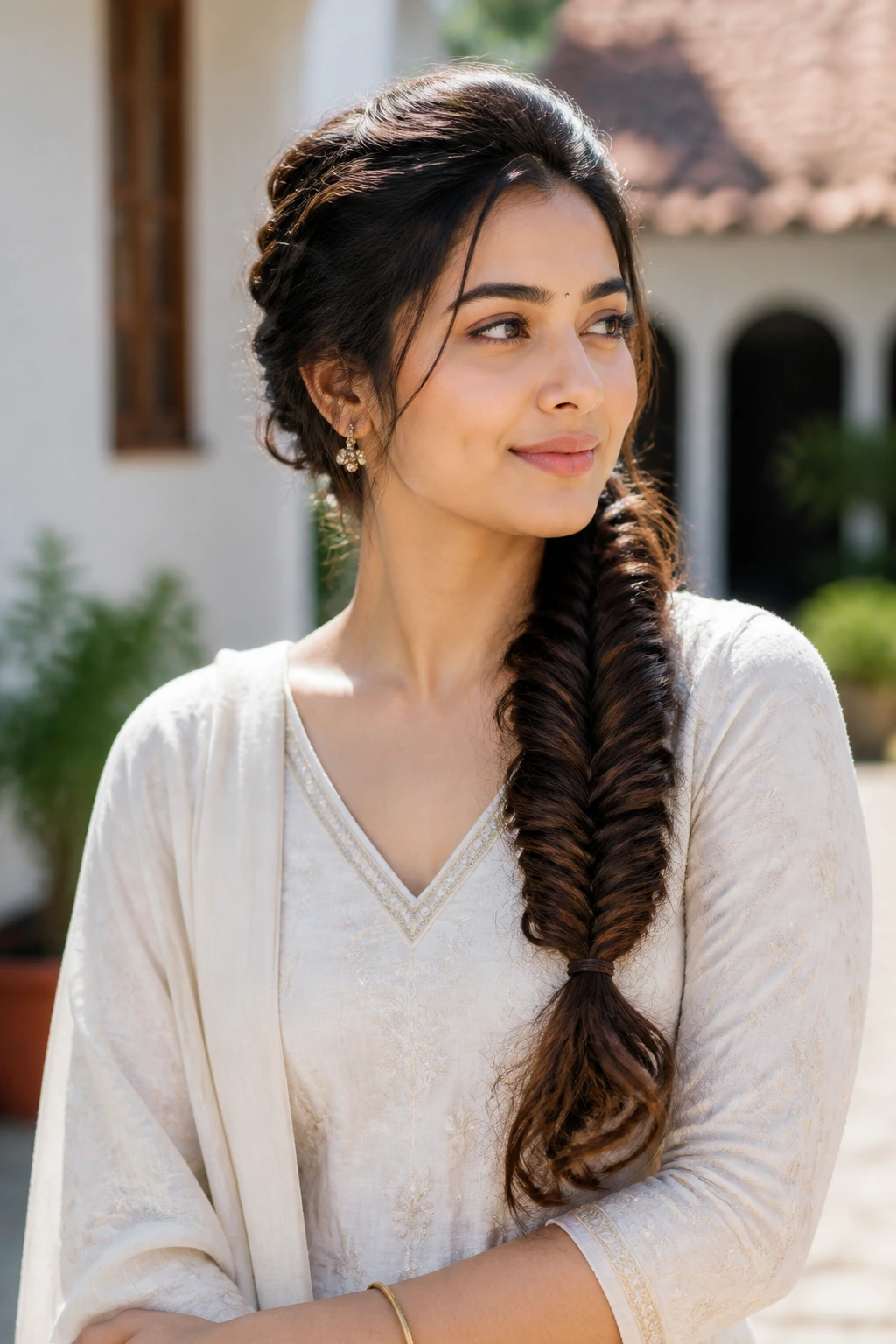 Portrait of a woman with a loose fishtail braid over one shoulder in natural daylight