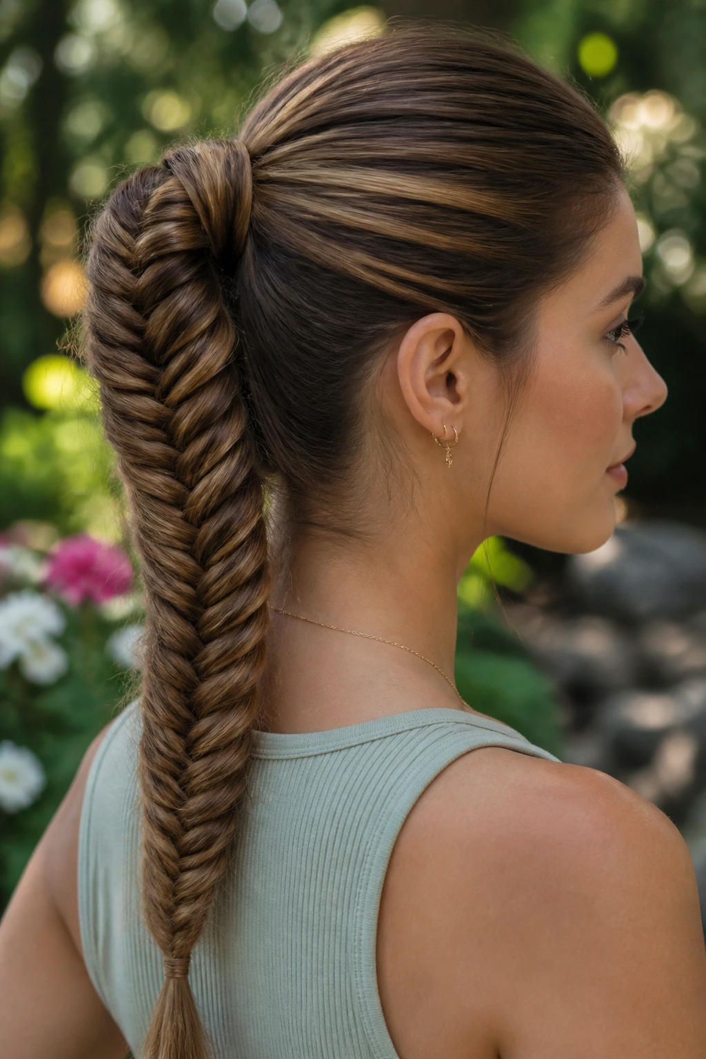 Close-up of a real woman with a fishtail-braid ponytail in a sunny garden