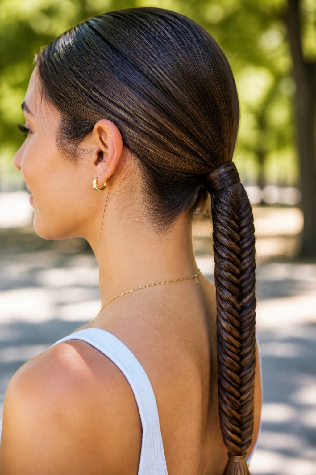 Close-up of a real woman with a fishtail braid ponytail