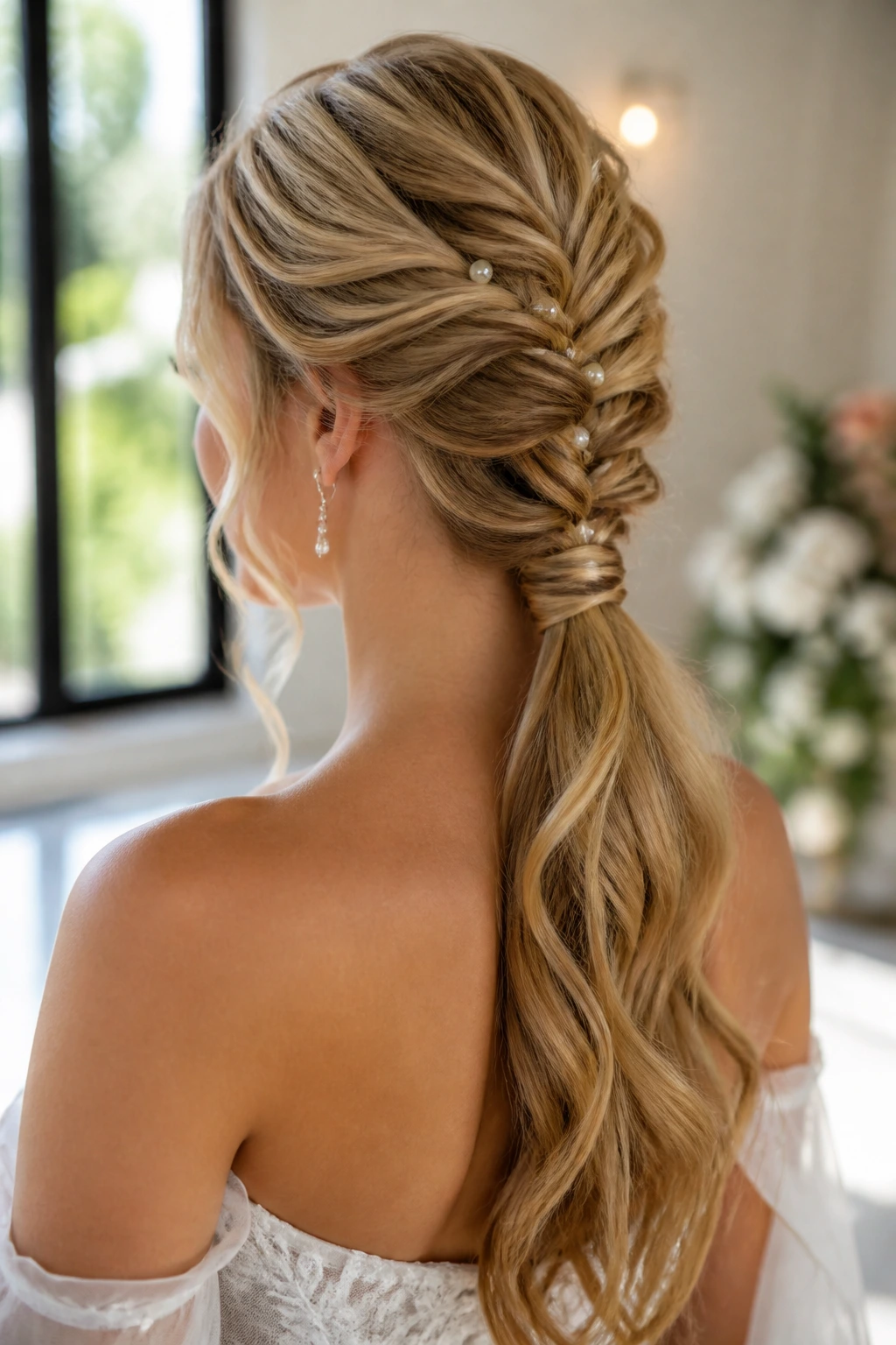 Bride with fishtail-braided low ponytail with delicate accessories